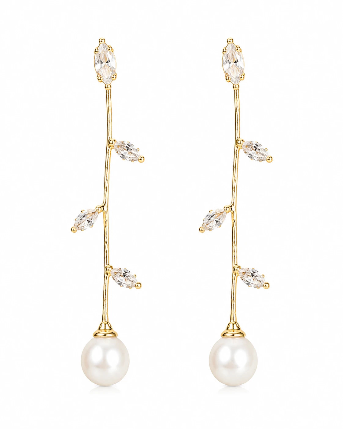Marquise CZ Vine Pearl Drop Earrings – 18K Gold Plated Leaf Design with Freshwater Pearl