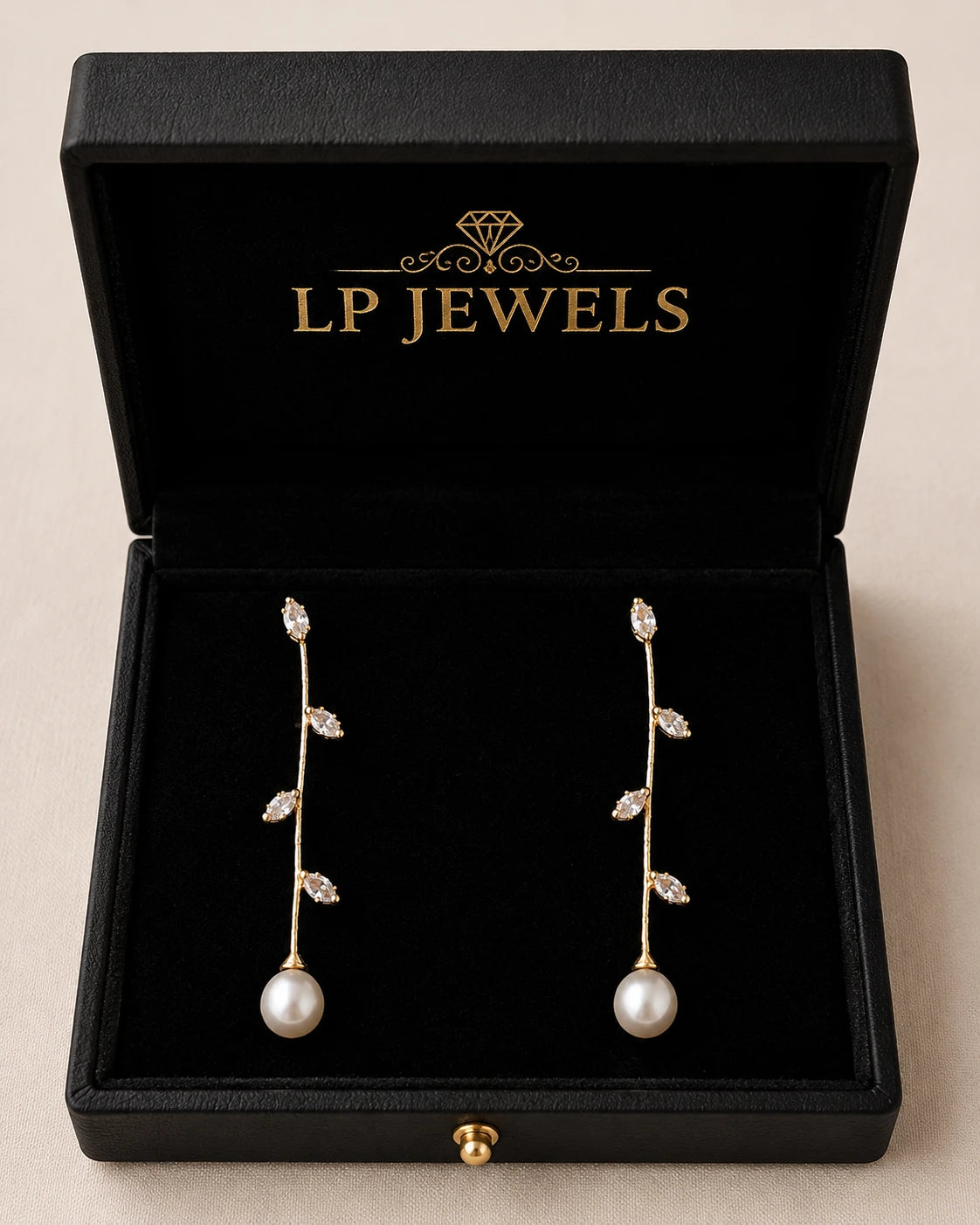Marquise CZ Vine Pearl Drop Earrings – 18K Gold Plated Leaf Design with Freshwater Pearl