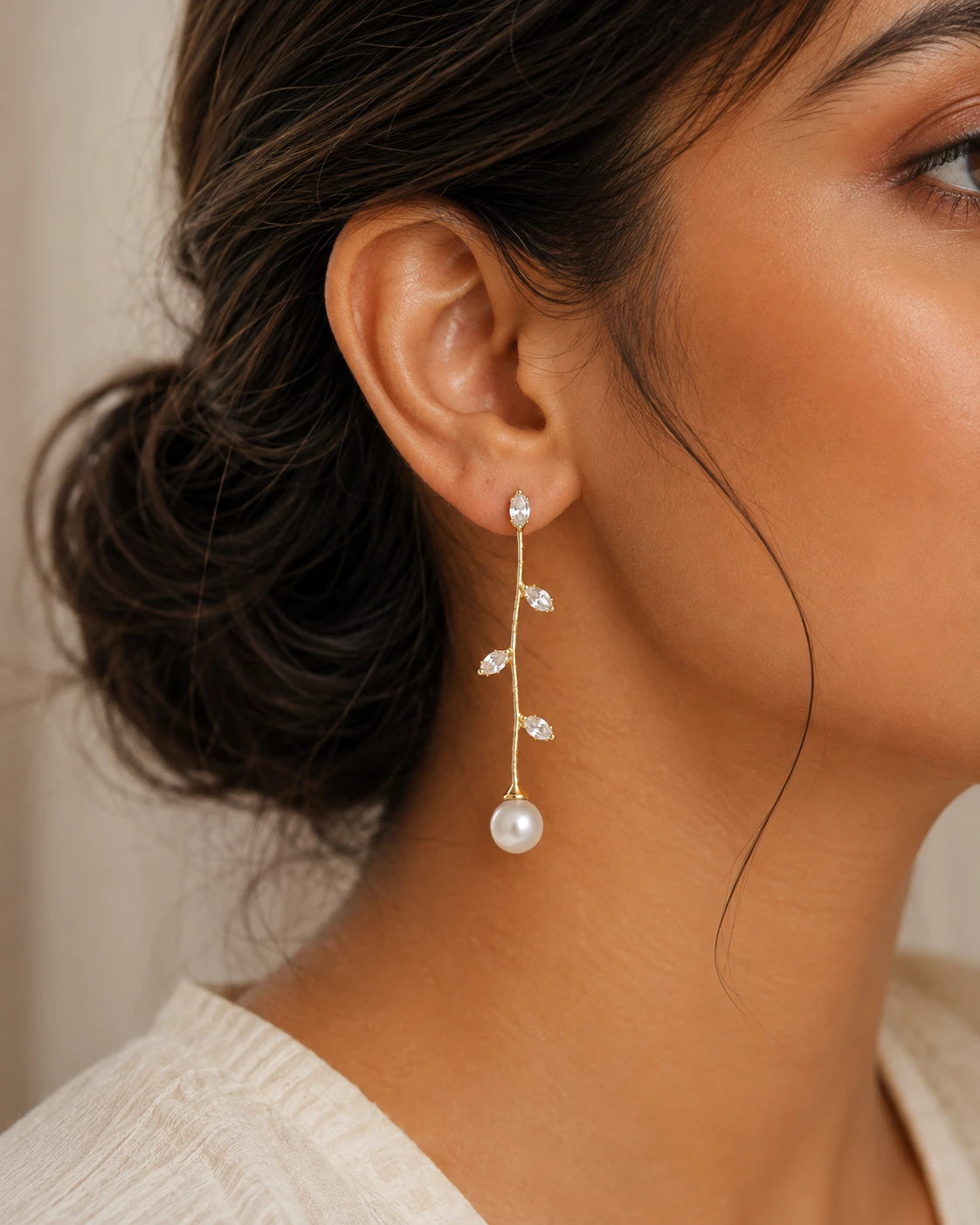 Marquise CZ Vine Pearl Drop Earrings – 18K Gold Plated Leaf Design with Freshwater Pearl