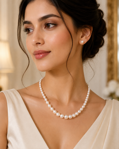 Elegant Graduated Oval Pearl Necklace Set for Women | Pearl Necklace with Stud Earrings | LP Jewels