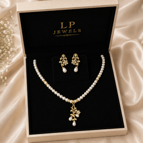 Natural Freshwater Button Pearl Necklace Set with Earrings | LP JEWELS