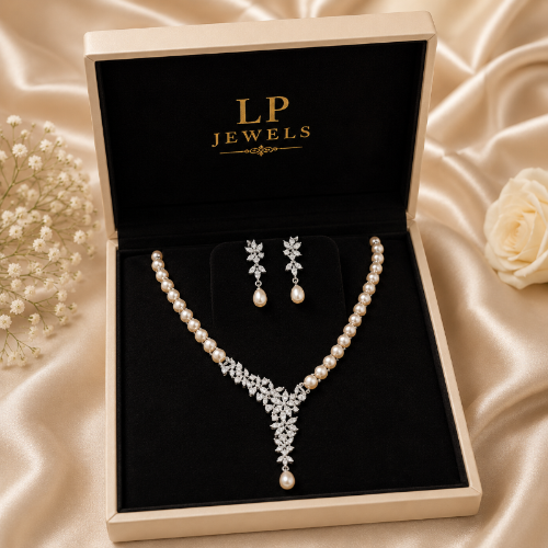 Freshwater Peach Pearl Necklace Set with CZ Floral Pendant | LP JEWELS