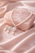 LP JEWELS-Freshwater Pearl Necklace Set with Oval CZ Pendant & Matching Earrings