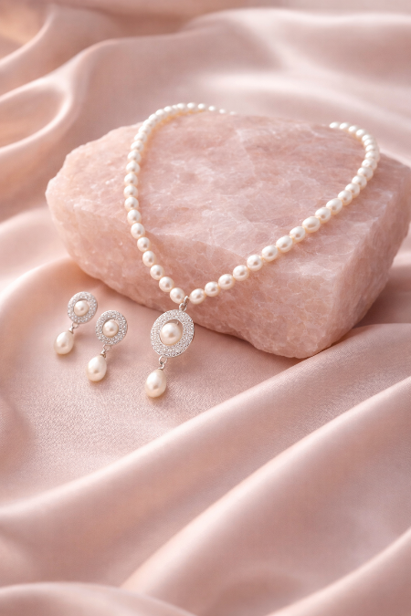 LP JEWELS-Freshwater Pearl Necklace Set with Oval CZ Pendant & Matching Earrings