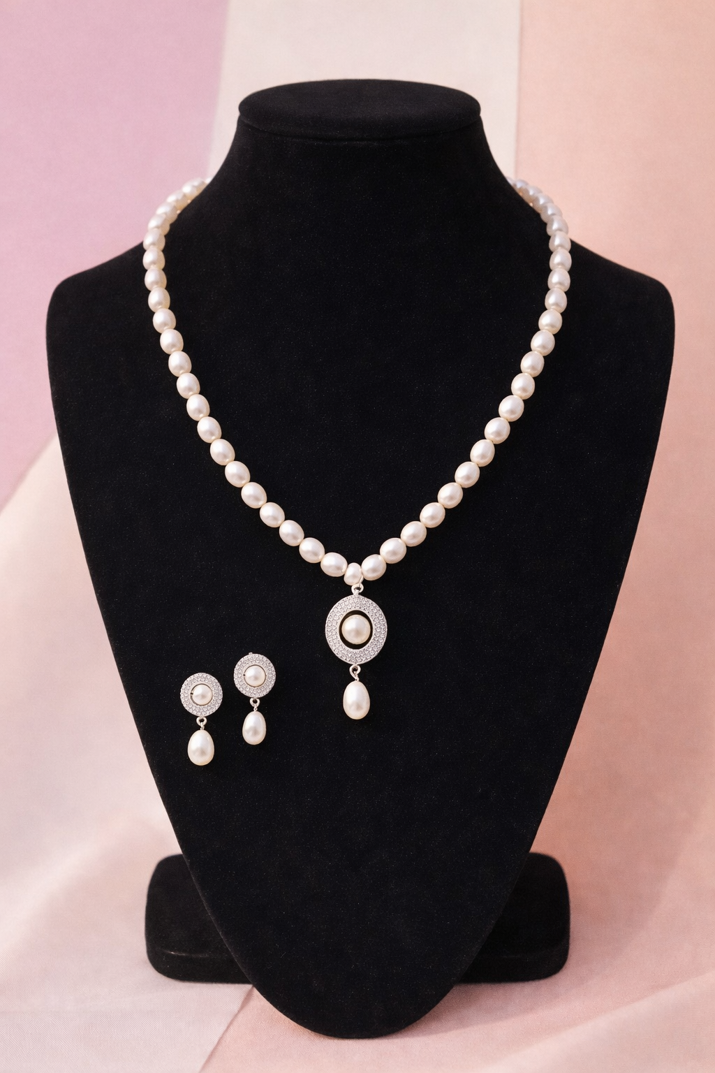 LP JEWELS-Freshwater Pearl Necklace Set with Oval CZ Pendant & Matching Earrings