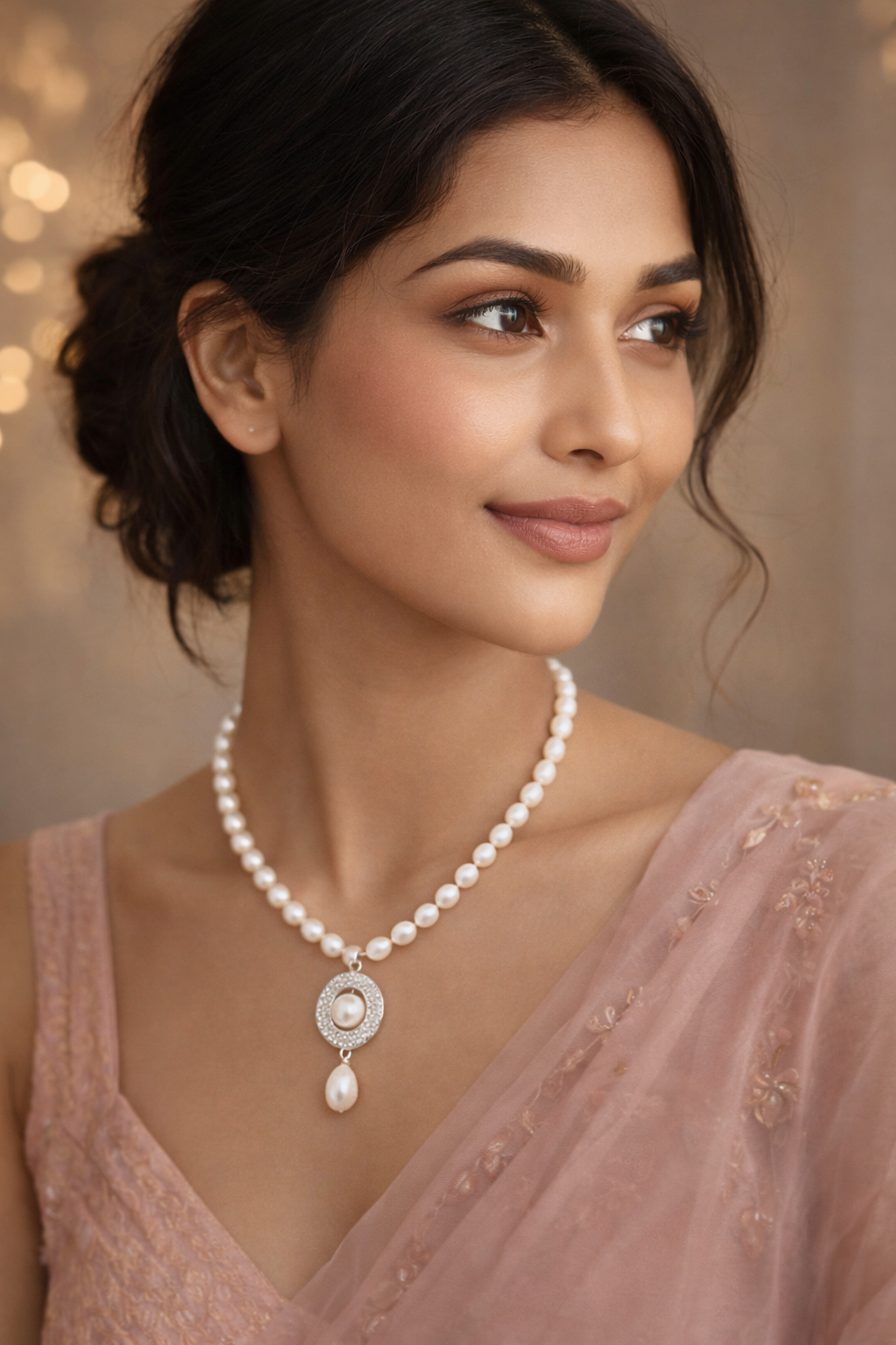 LP JEWELS-Freshwater Pearl Necklace Set with Oval CZ Pendant & Matching Earrings
