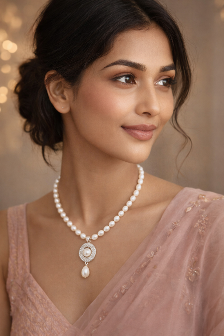 LP Jewels Freshwater Pearl Necklace Set with Oval CZ Pendant & Matching Earrings - LP Jewels