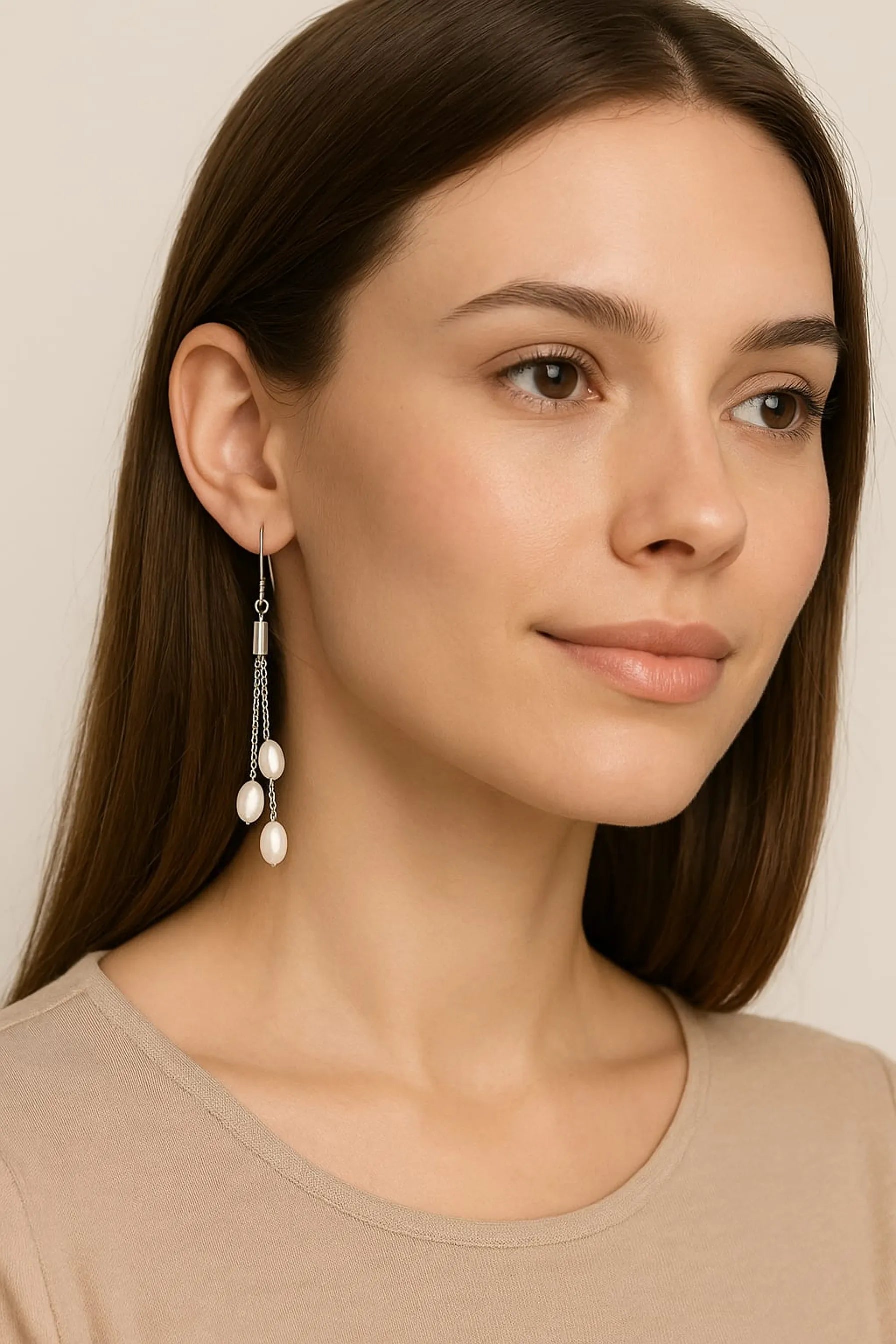 Long Drop Earrings with Oval Freshwater Pearls