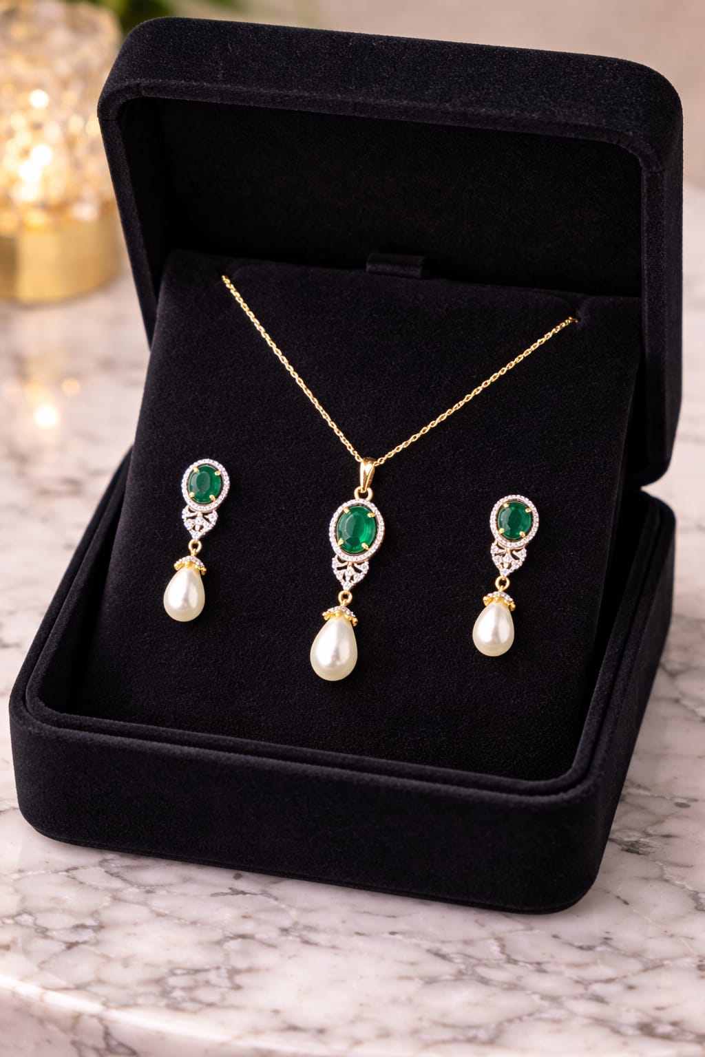 LP JEWELS- Classic Emerald Green Pearl Pendant & Earring Set