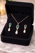 LP JEWELS- Classic Emerald Green Pearl Pendant & Earring Set