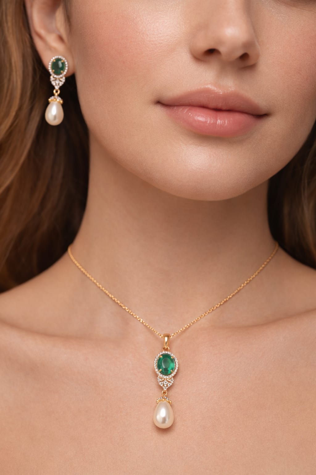 LP JEWELS- Classic Emerald Green Pearl Pendant & Earring Set
