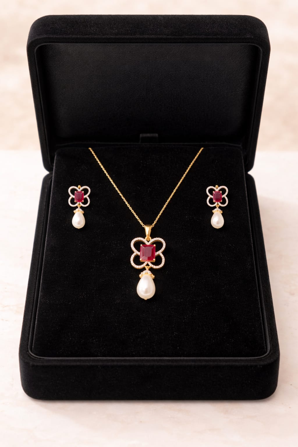 LP JEWELS-Red Square Stone & Pearl Drop Pendant Necklace Set for Women