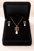 LP JEWELS-Red Square Stone & Pearl Drop Pendant Necklace Set for Women