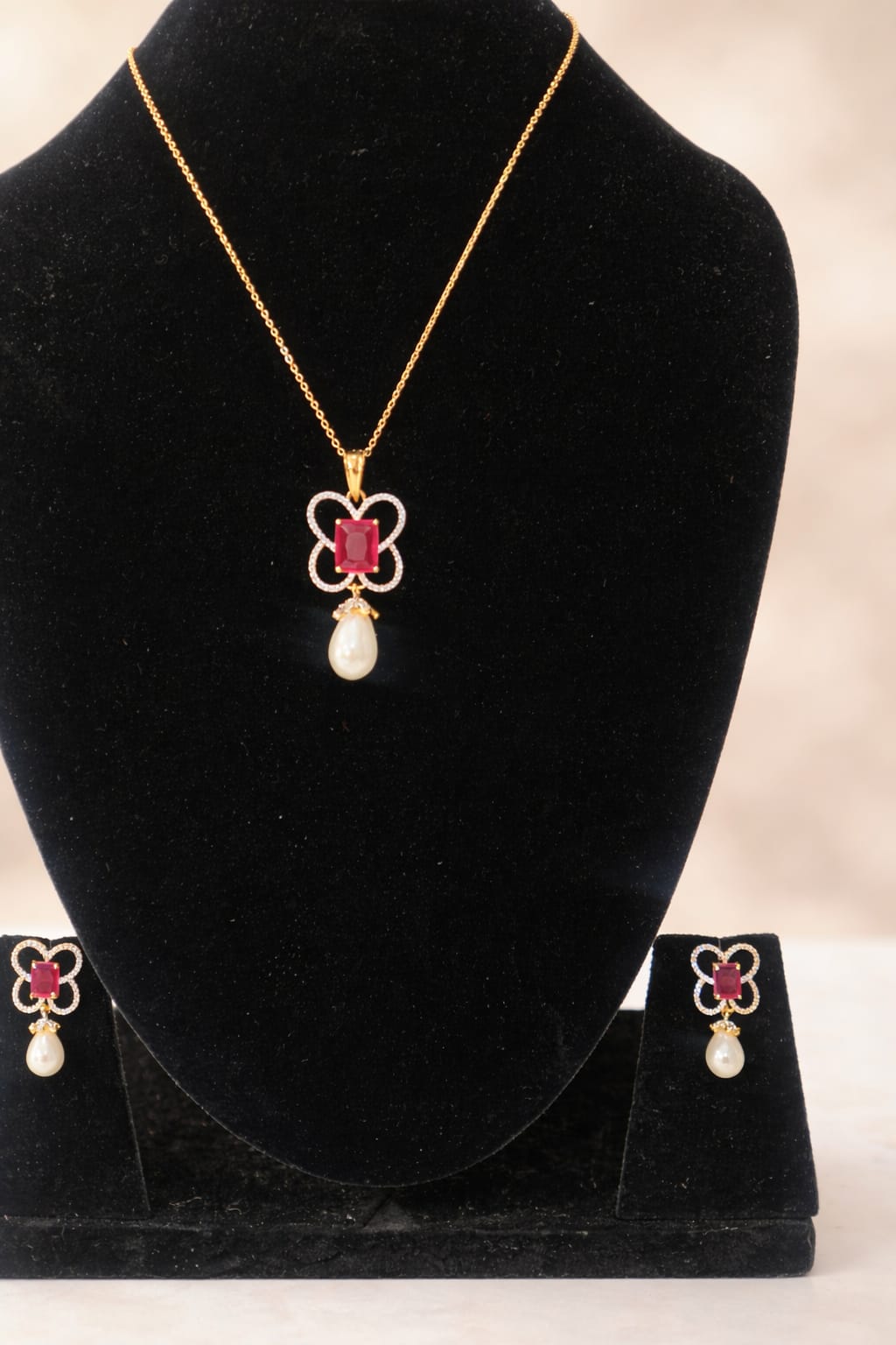 LP JEWELS-Red Square Stone & Pearl Drop Pendant Necklace Set for Women