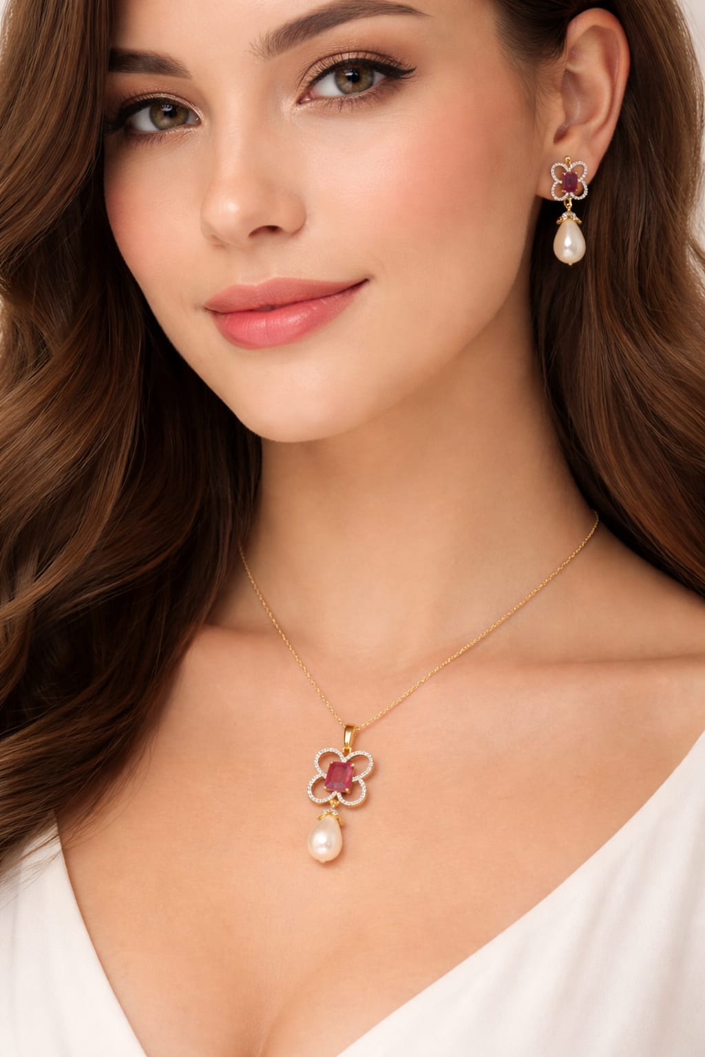 LP JEWELS-Red Square Stone & Pearl Drop Pendant Necklace Set for Women
