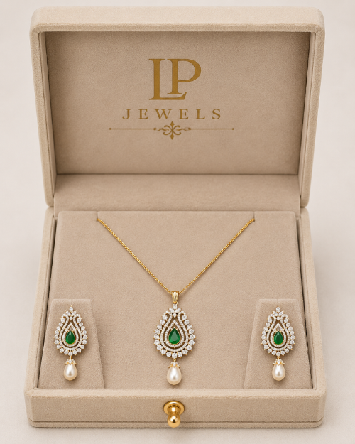 Green Stone & Pearl Pendant Set Combo | B1G1 Free