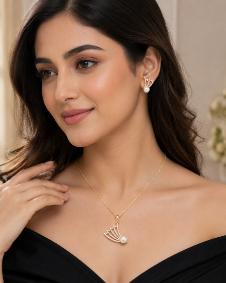 Pearl Oval & Fan Design Pendant Set with Earrings | B1G1 Free