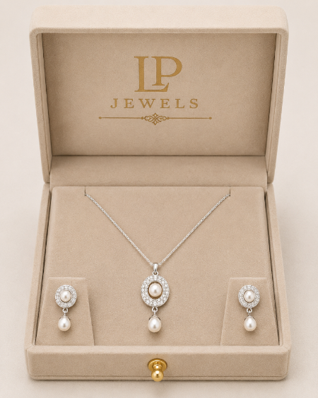 Pearl Oval & Emerald Drop Pendant Set with Earrings | B1G1 Free
