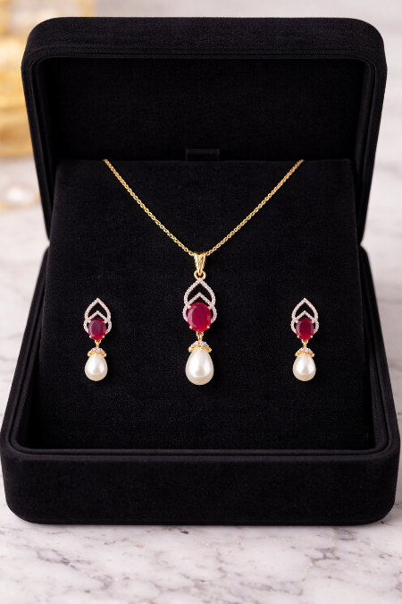 LP JEWELS-Red Oval Stone Pearl Drop Necklace Set for Women