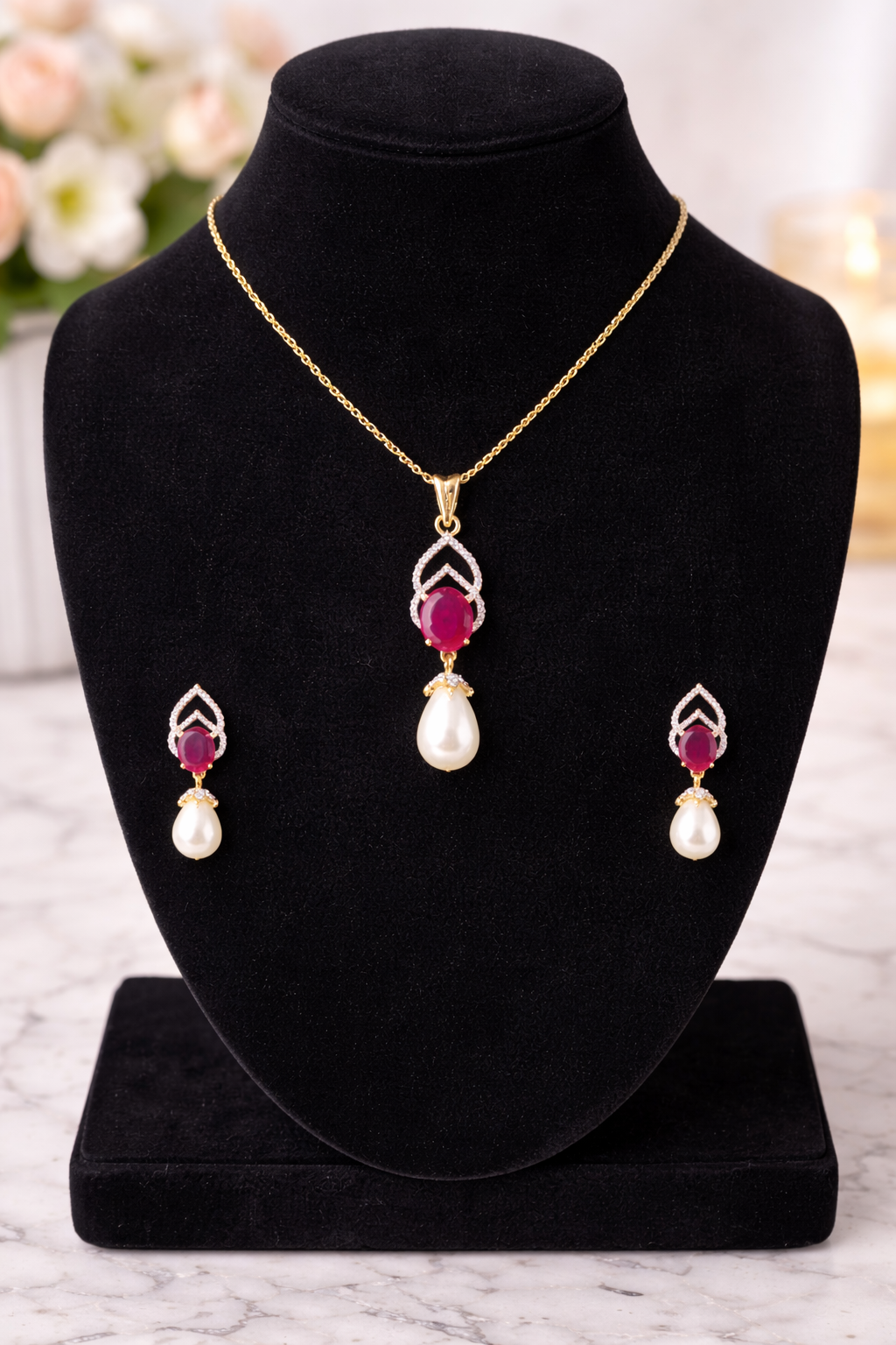 LP JEWELS-Red Oval Stone Pearl Drop Necklace Set for Women