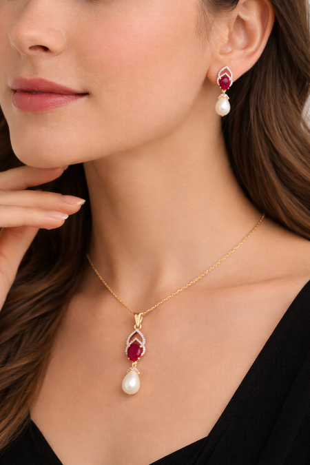 LP JEWELS-Red Oval Stone Pearl Drop Necklace Set for Women
