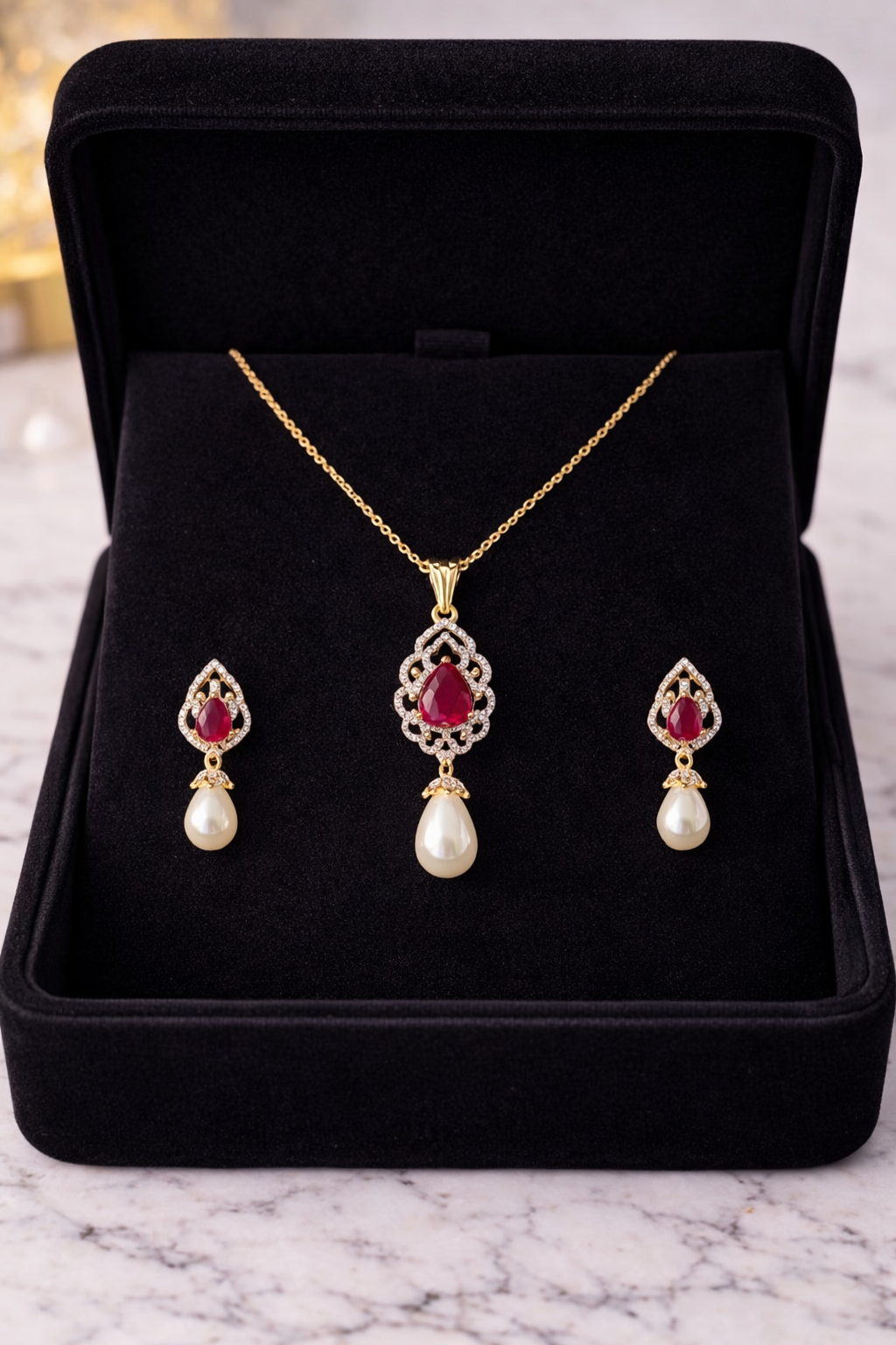 LP JEWELS- Ruby Red Teardrop Stone & Pearl Pendant Set with Matching Earrings