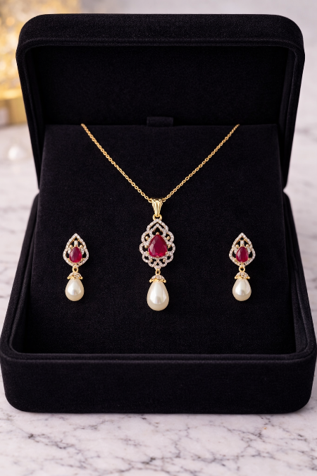 LP JEWELS- Ruby Red Teardrop Stone & Pearl Pendant Set with Matching Earrings