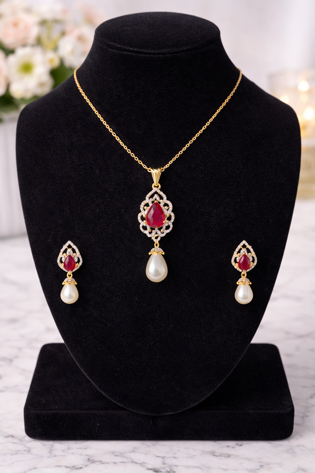 LP JEWELS- Ruby Red Teardrop Stone & Pearl Pendant Set with Matching Earrings
