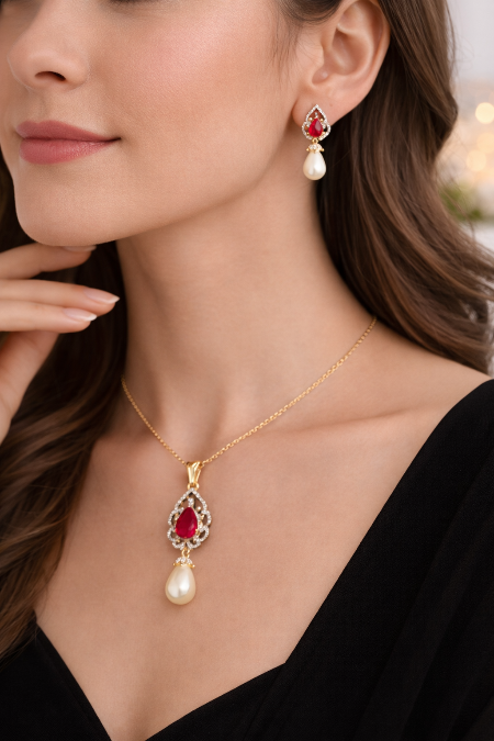 LP JEWELS- Ruby Red Teardrop Stone & Pearl Pendant Set with Matching Earrings