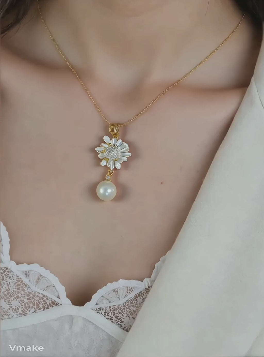 LP Jewels Daisy Flower Pendant Necklace with Pearl Drop for Women