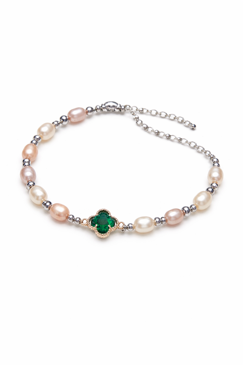 Emerald Clover Pearl Bracelet – Adjustable & Timeless Elegance