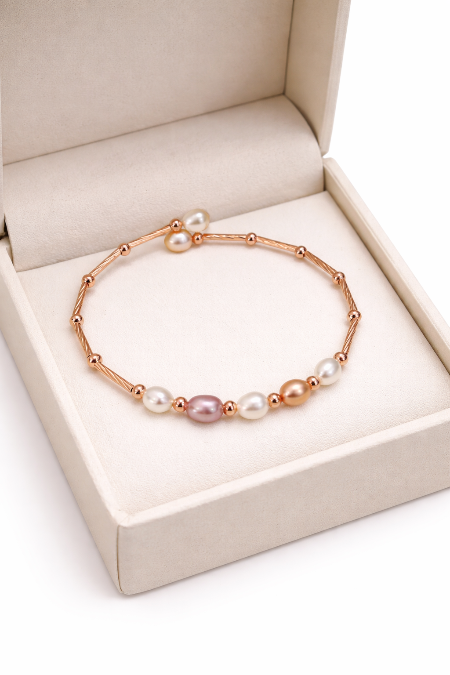 Rose Gold Multicolor Pearl Adjustable Bracelet – Elegant & Timeless