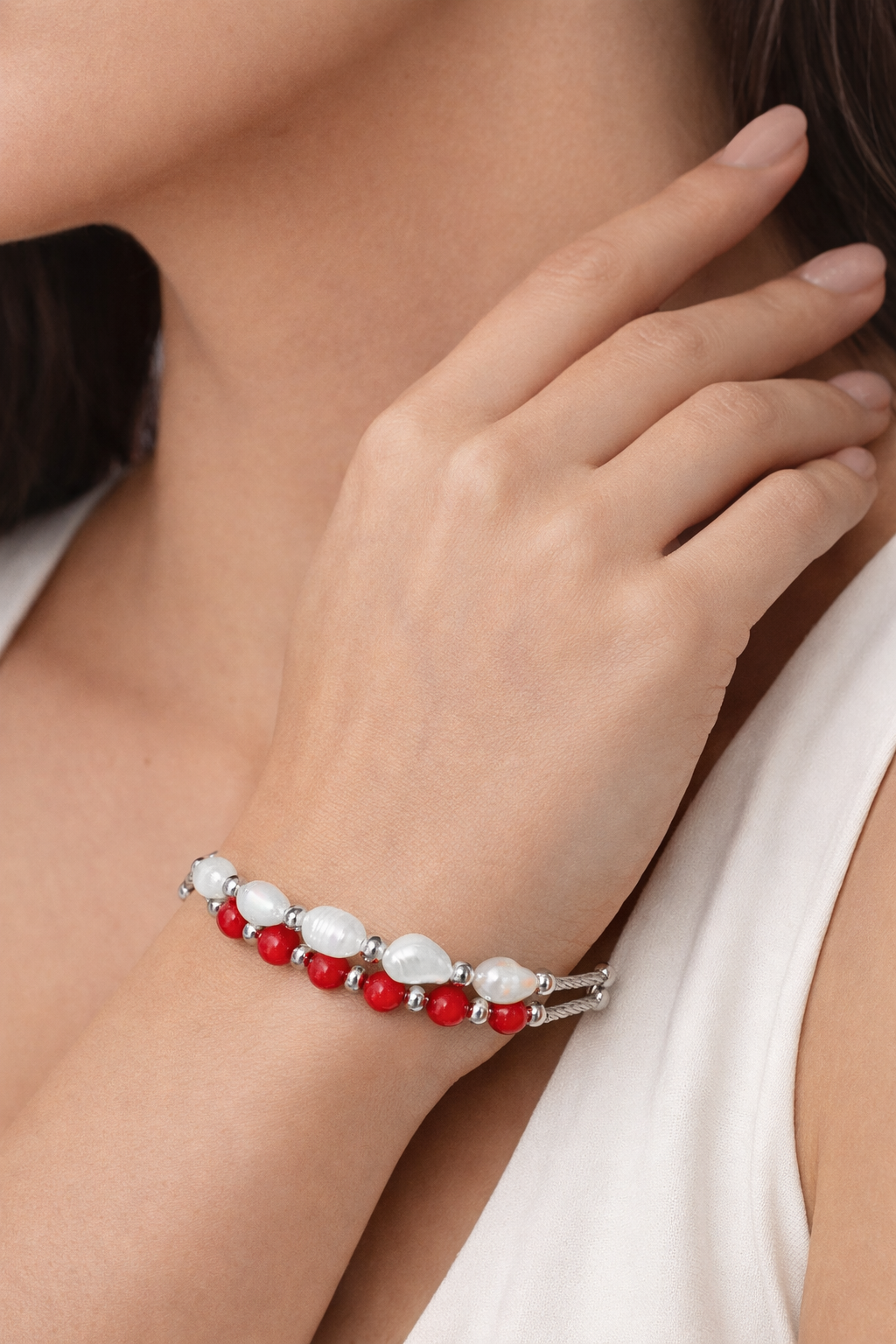 Freshwater Pearl & Red Coral Bead Bracelet in Silver | Designer Pearl Bracelet | LP Jewels
