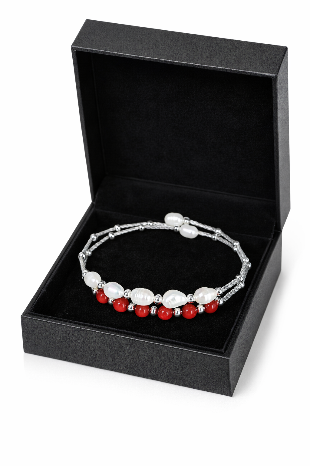 Freshwater Pearl & Red Coral Bead Bracelet in Silver | Designer Pearl Bracelet | LP Jewels