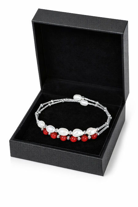 Freshwater Pearl & Red Coral Bead Bracelet in Silver | Designer Pearl Bracelet | LP Jewels