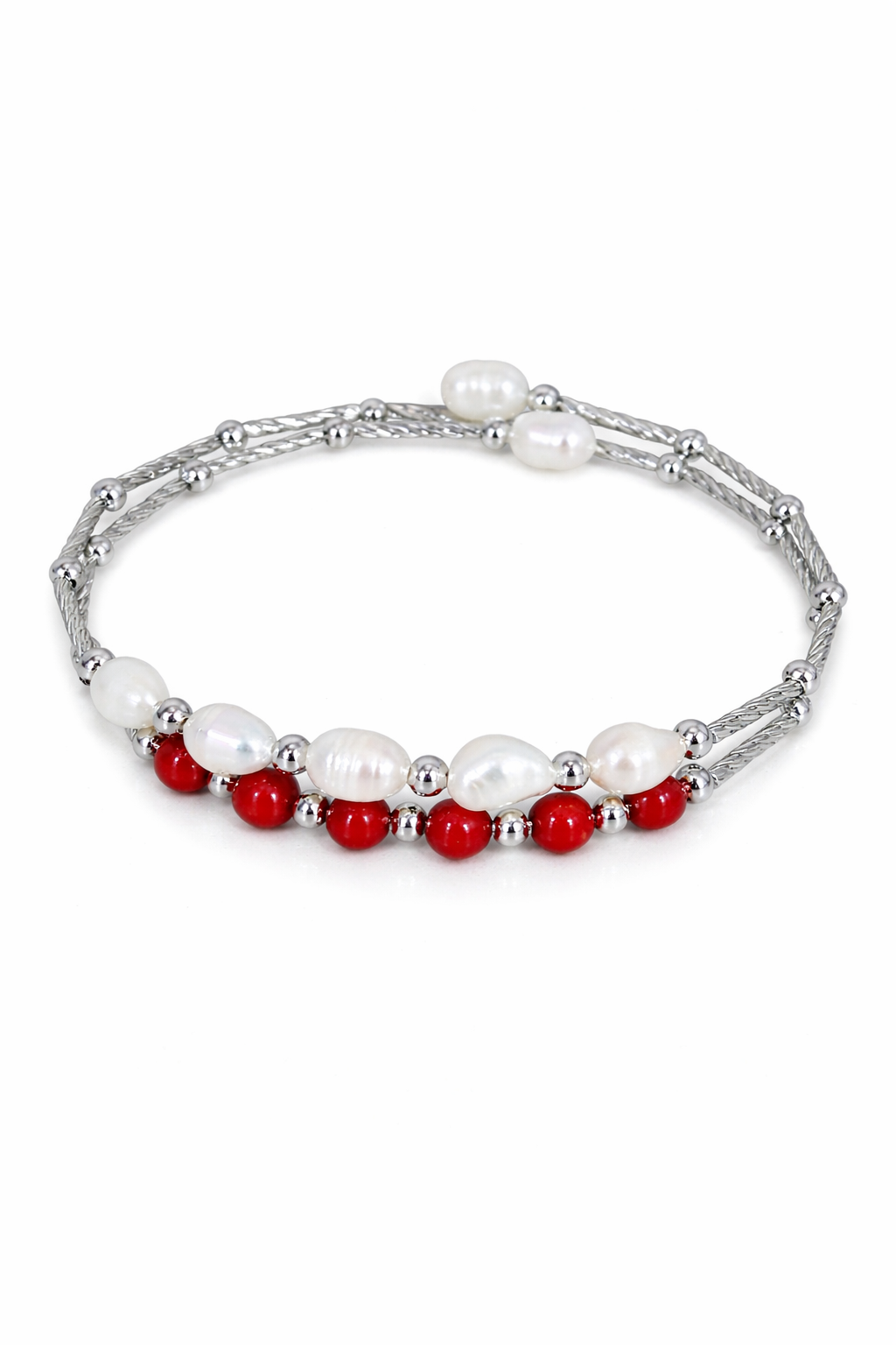 Freshwater Pearl & Red Coral Bead Bracelet in Silver | Designer Pearl Bracelet | LP Jewels