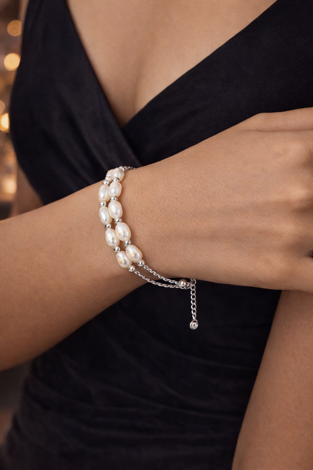 Double Line Freshwater Pearl Bracelet in Silver | Elegant Pearl Bracelet | LP Jewels