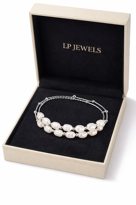 Double Line Freshwater Pearl Bracelet in Silver | Elegant Pearl Bracelet | LP Jewels