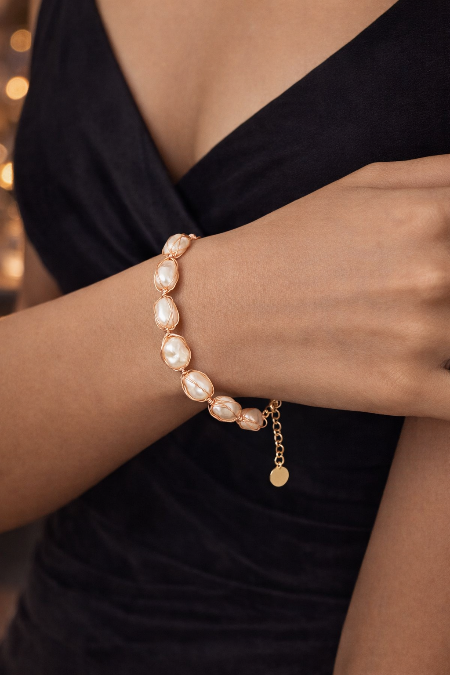 Elegant Wire-Wrapped Freshwater Pearl Bracelet in Gold Tone | Designer Pearl Bracelet | LP Jewels