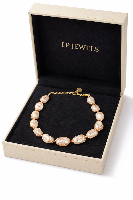 Elegant Wire-Wrapped Freshwater Pearl Bracelet in Gold Tone | Designer Pearl Bracelet | LP Jewels