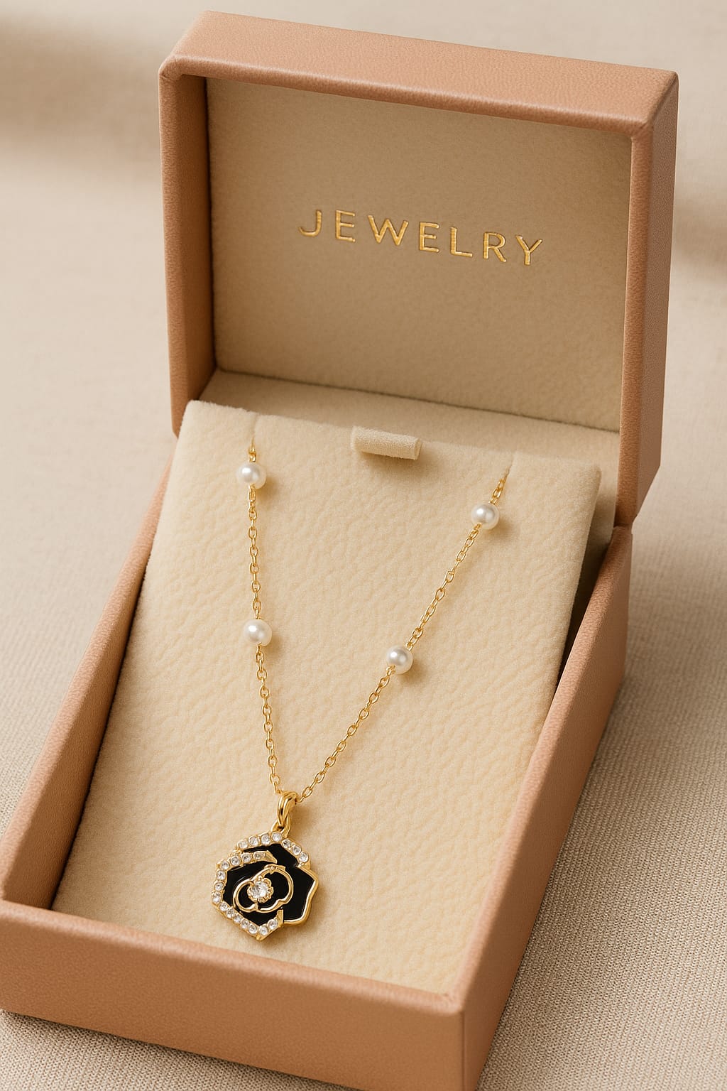 LP Jewels Gold-Plated Pearl Chain with Black Floral Pendant