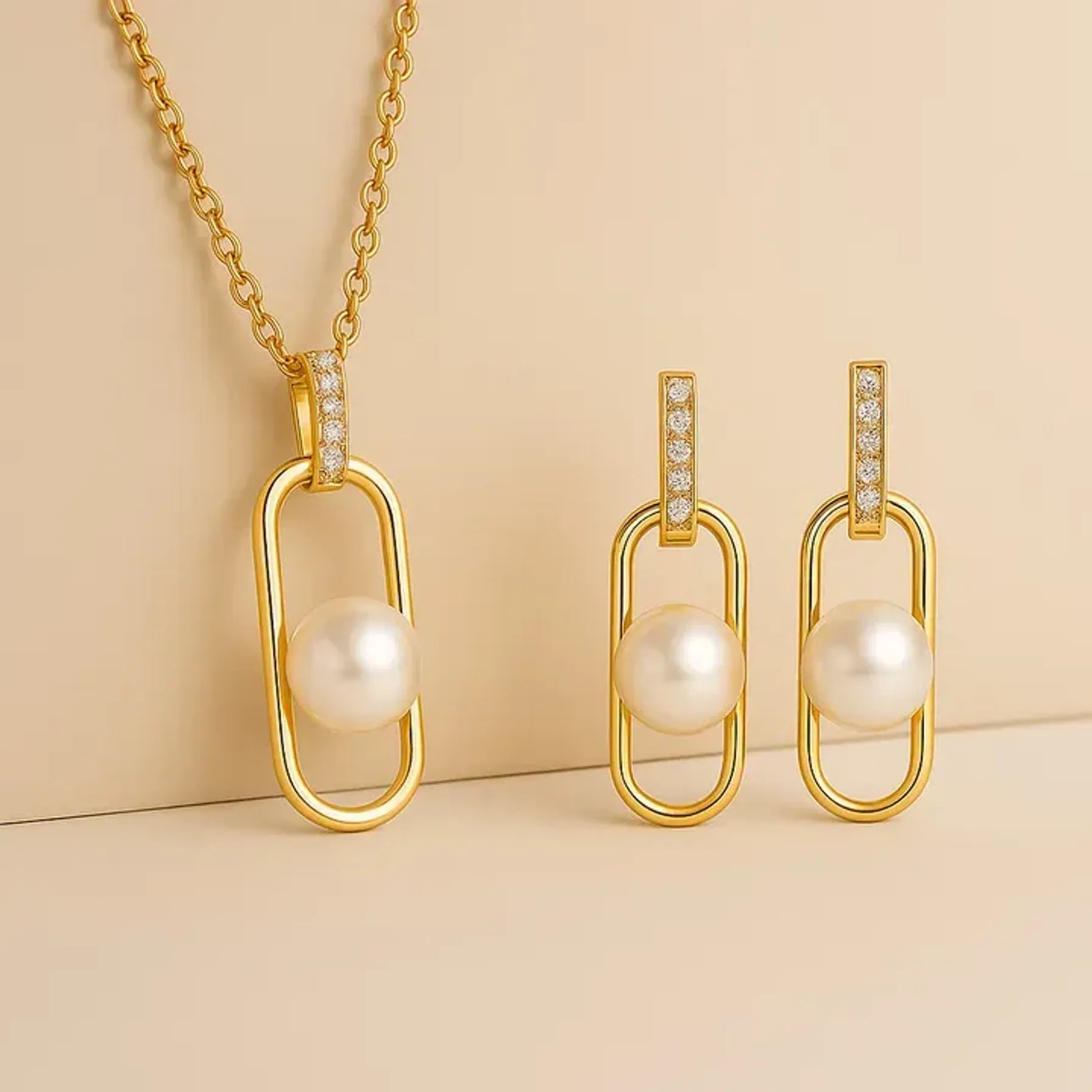 Modern Rectangle Pearl & Gold 3-Piece Jewelry Set