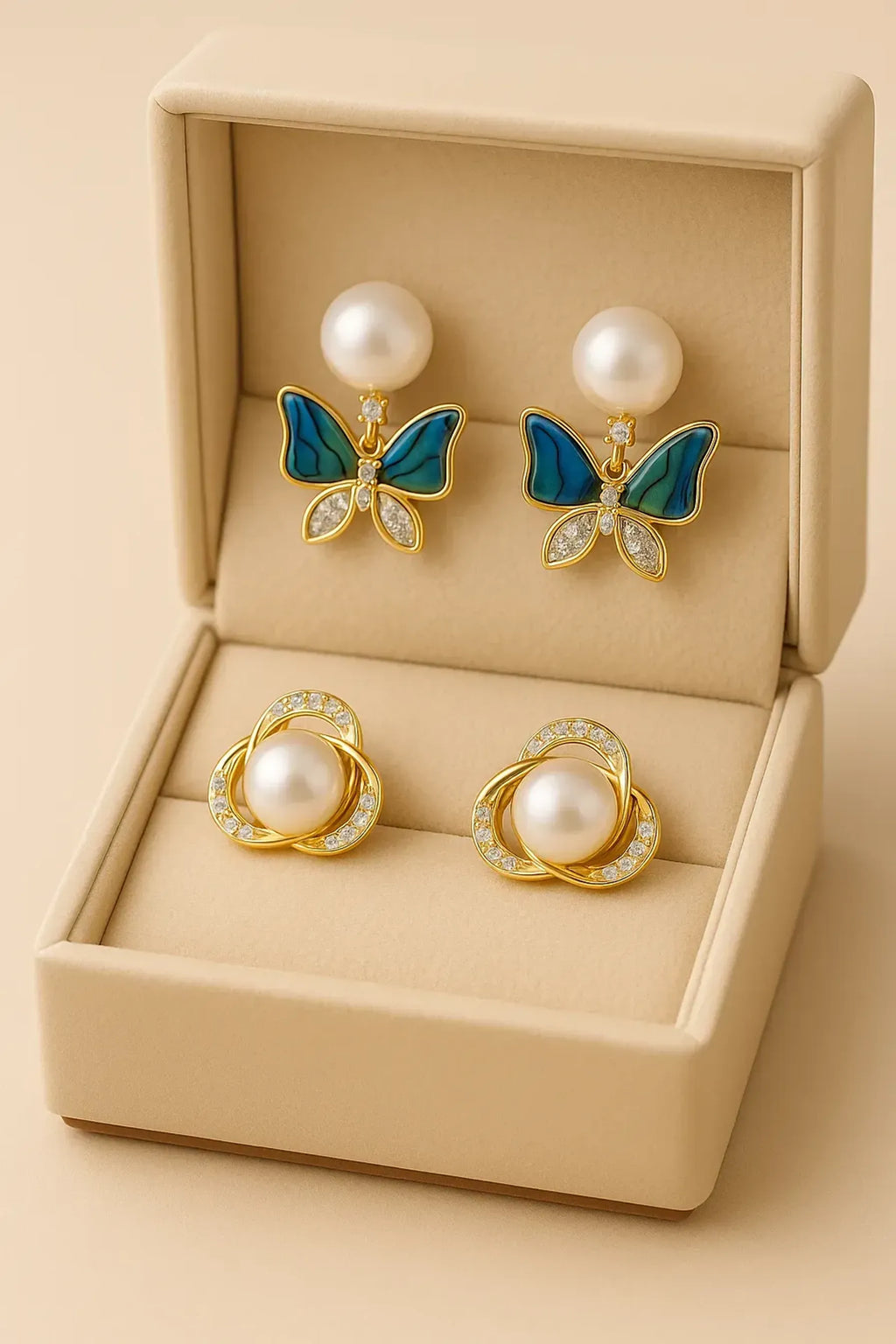 Luxury Pearl & Butterfly Earrings Combo Set – Premium 2-Pair Gift Box
