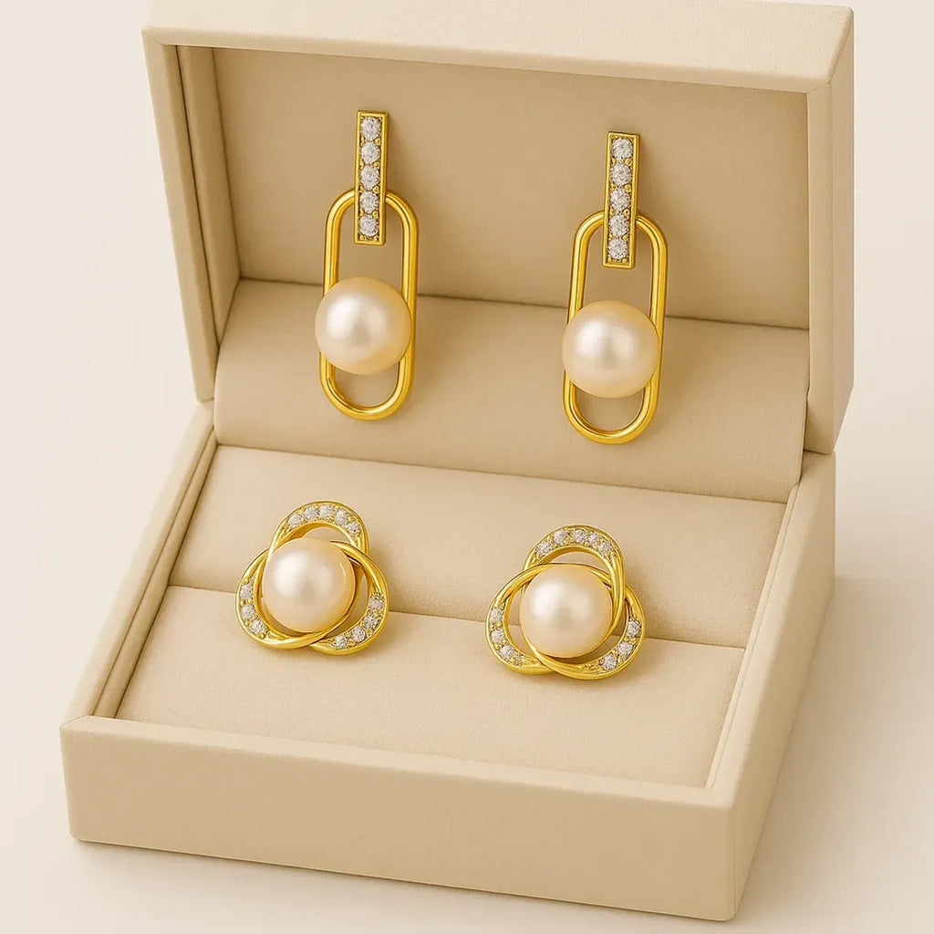 Elegant Pearl Duo Earrings Set – 100% Real Pearls