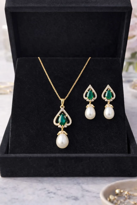 LP JEWELS-Emerald Green Teardrop Pearl Pendant Set with Matching Earrings