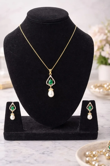 LP JEWELS-Emerald Green Teardrop Pearl Pendant Set with Matching Earrings