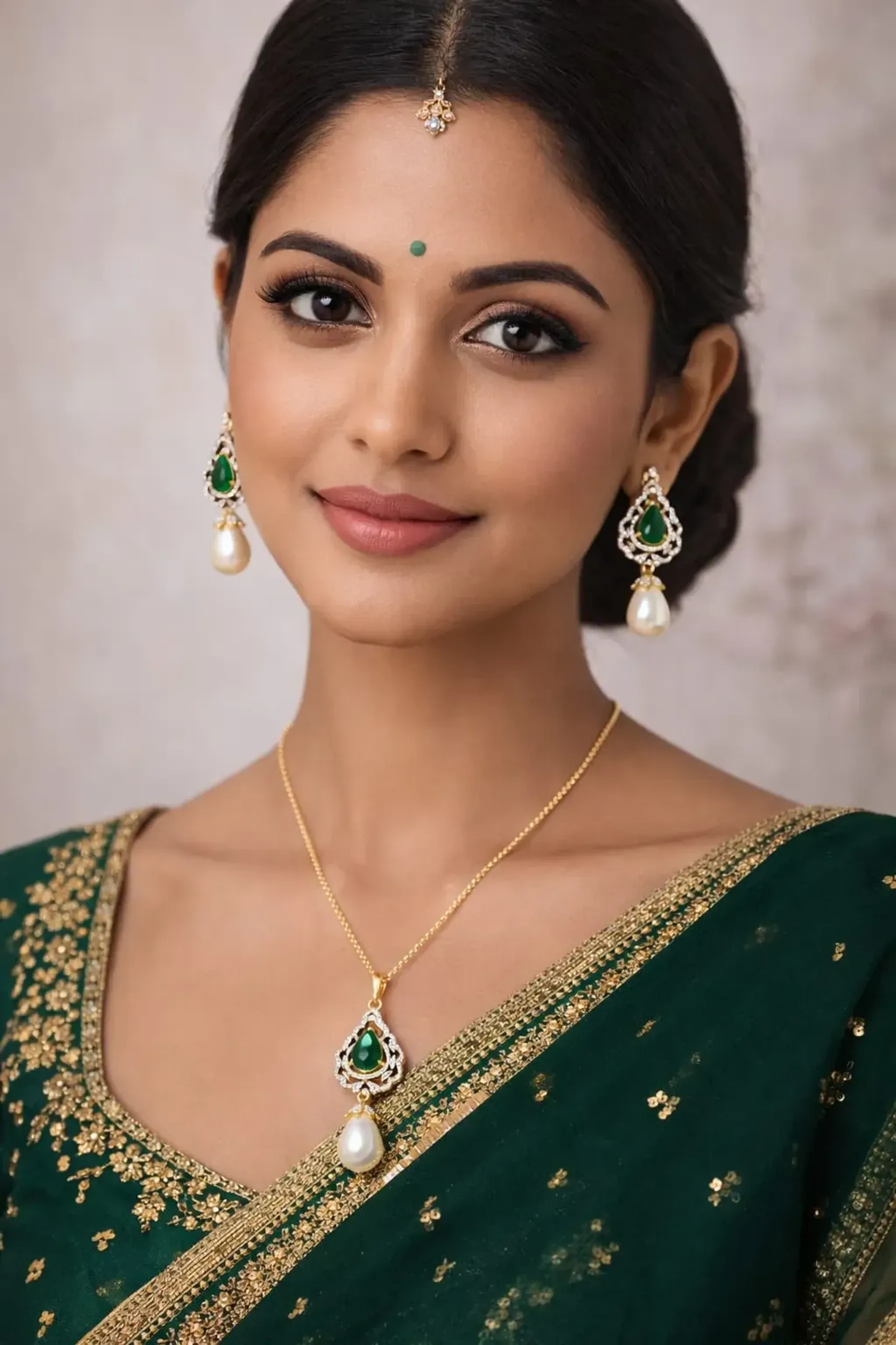 LP JEWELS-Classic Emerald Green Stone Pearl Pendant & Earring Set