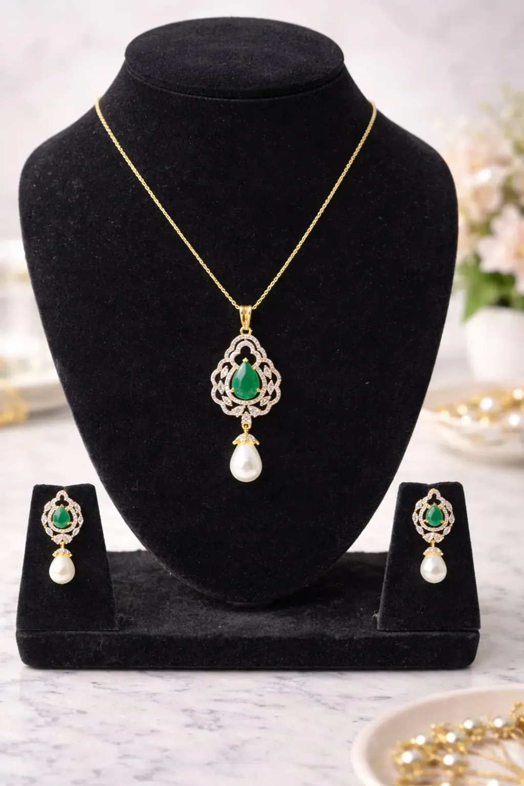 LP JEWELS-Classic Emerald Green Stone Pearl Pendant & Earring Set