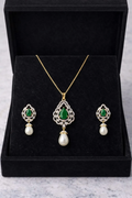 LP JEWELS-Classic Emerald Green Stone Pearl Pendant & Earring Set