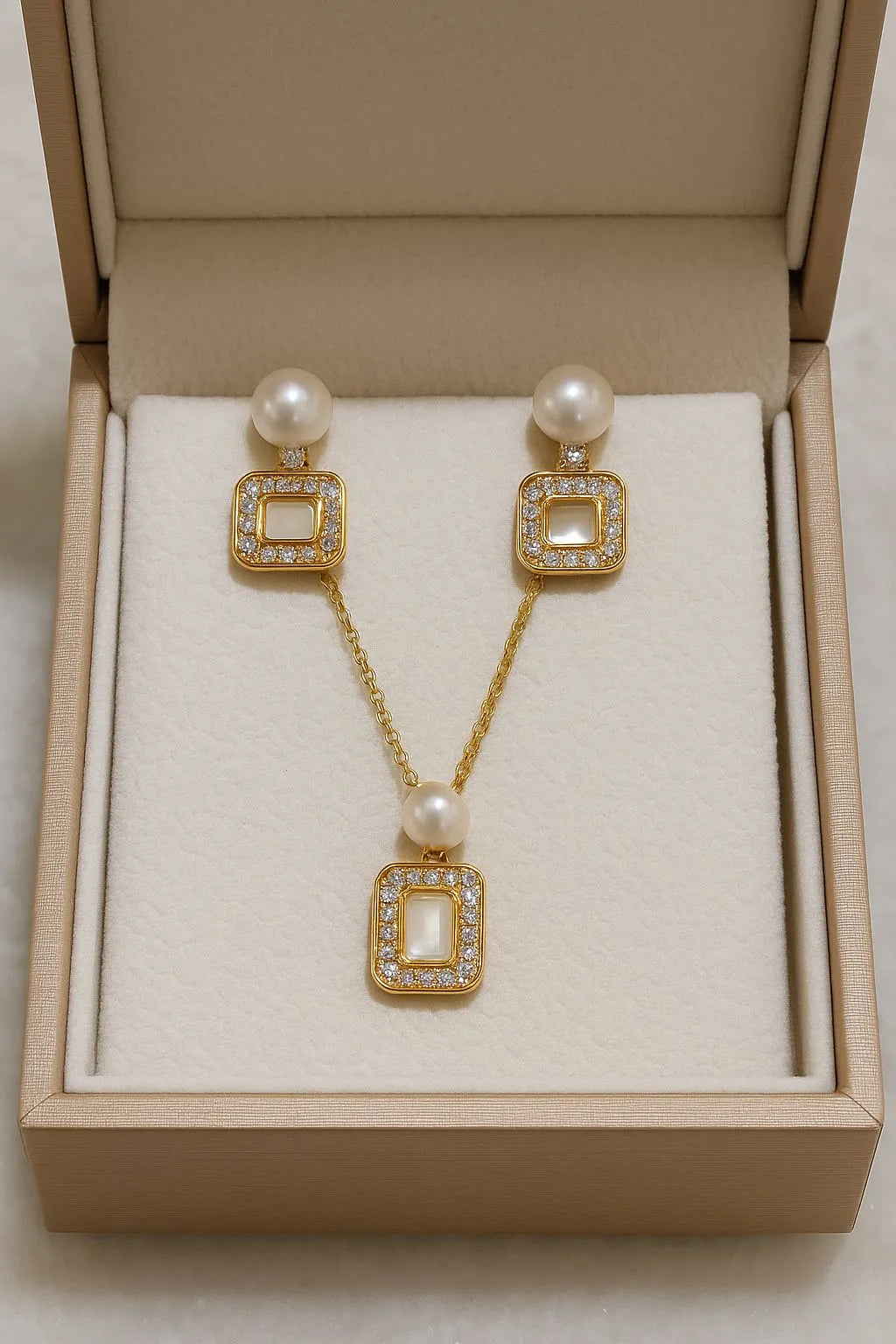 Regal Square Pearl Elegance Combo Set – Necklace & Earrings